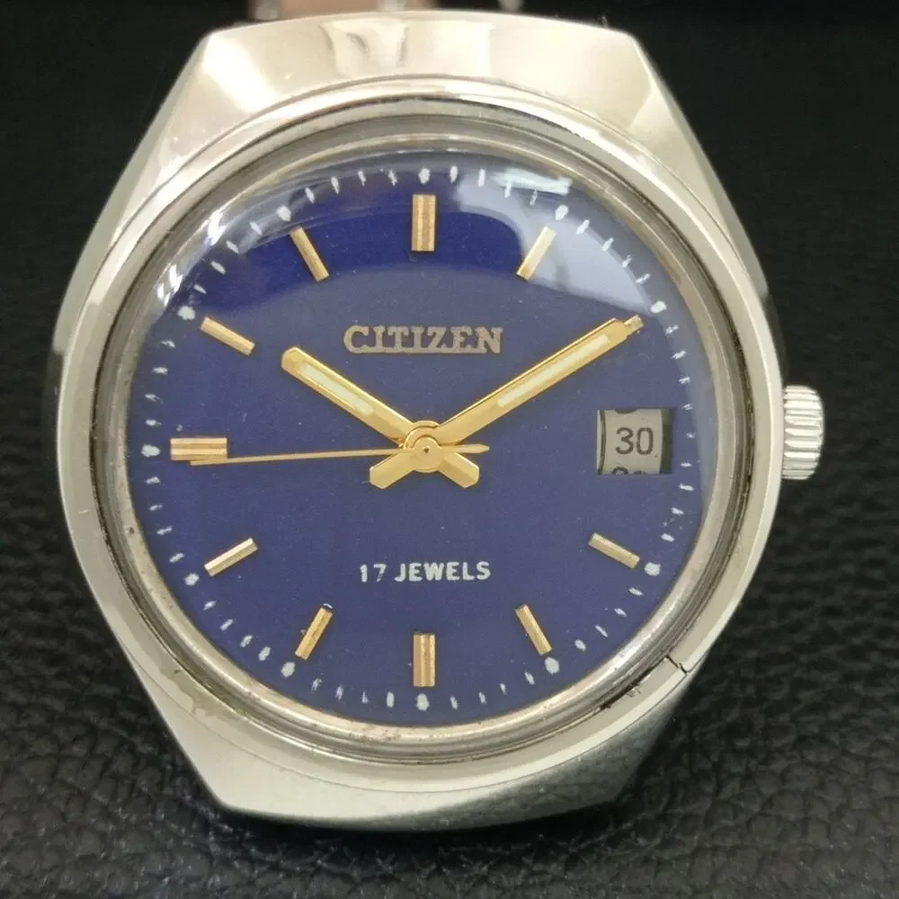 Vintage 1987 Citizen Manual Wound Mens Silver Watch W/Date & Blue accents